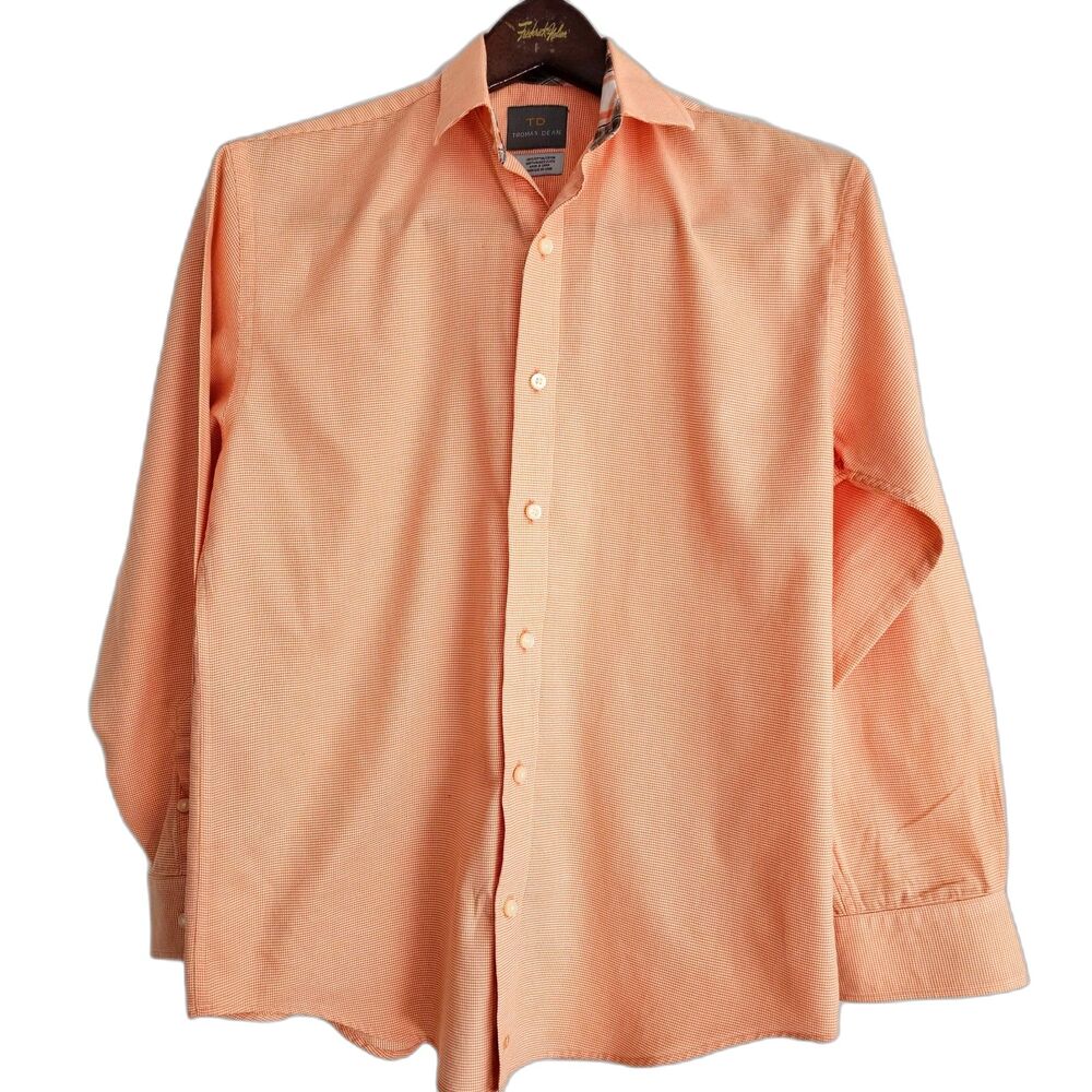 Thomas Dean TD Boy's Cotton Dress Shirt Orange & White sz L 14-16